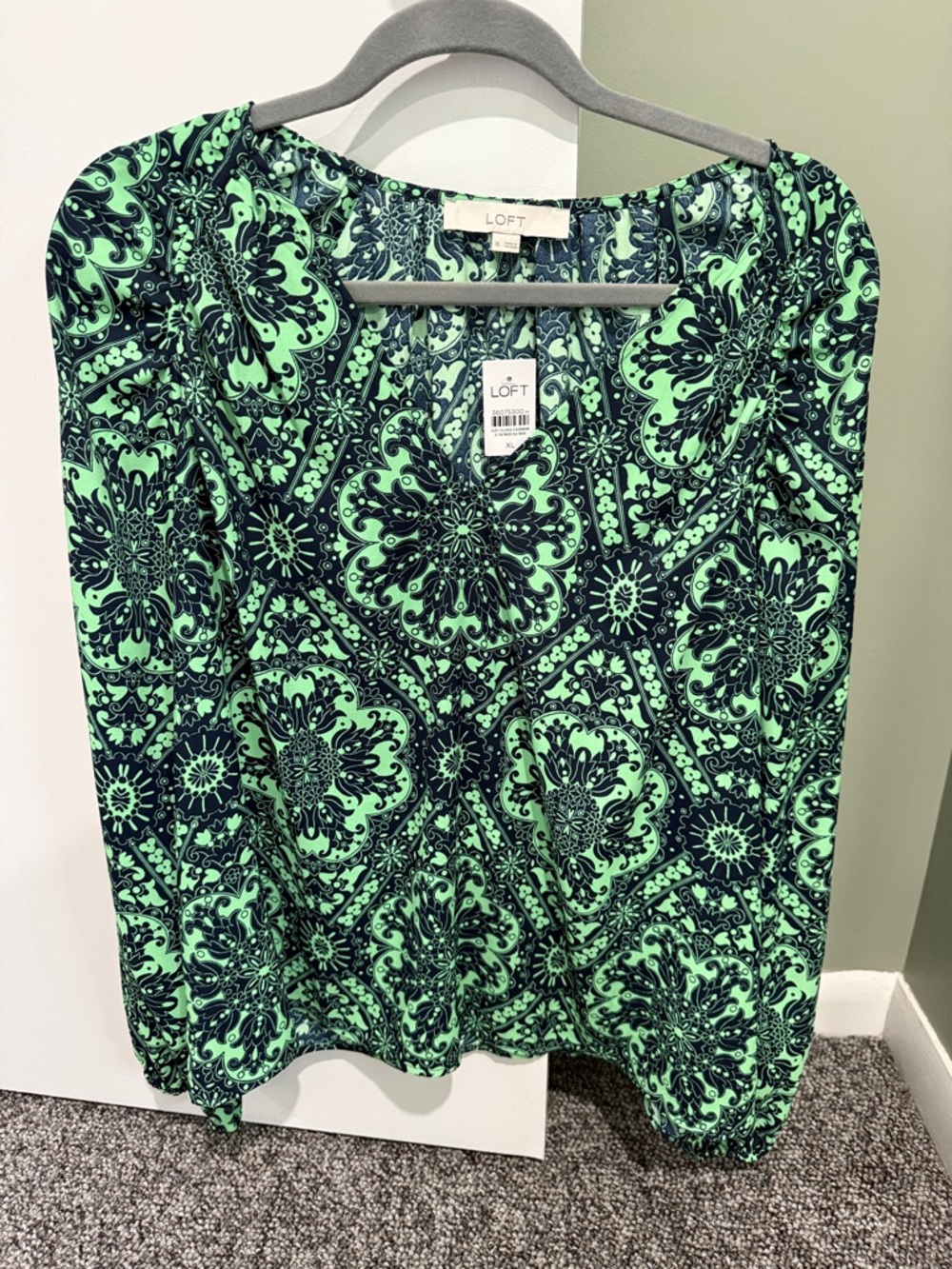 LOFT Mint Green and Navy Printed Long-Sleeve Blouse